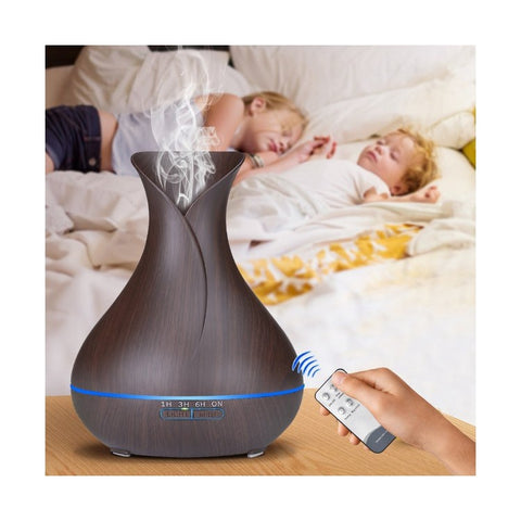 550ML Wood Grain Air Humidifier Vase Shape Mute Aroma Essential Oil Diffuser with Remote Control