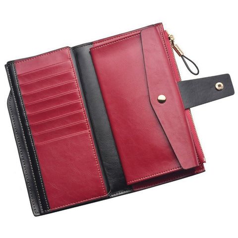2003# Multi Card Slot Zipper Clutch Wallet Top Layer Cowhide Leather Vintage Style Purse for Women
