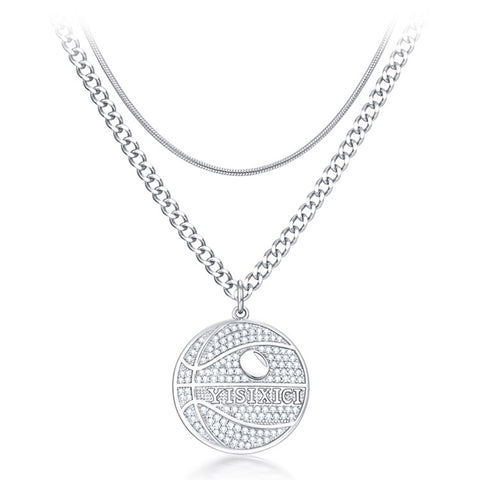 YISIXICI XL13140033 Zirconia Basketball Pendant Necklace S925 Silver Neck Jewelry (Dual Circle Chain)