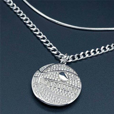 YISIXICI XL13140033 Zirconia Basketball Pendant Necklace S925 Silver Neck Jewelry (Dual Circle Chain)