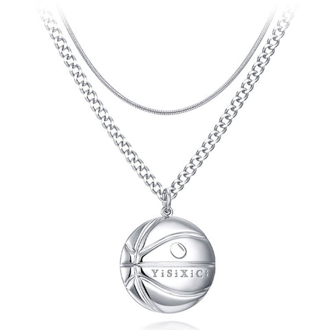 YISIXICI XL13140033 Zirconia Basketball Pendant Necklace S925 Silver Neck Jewelry (Dual Circle Chain)