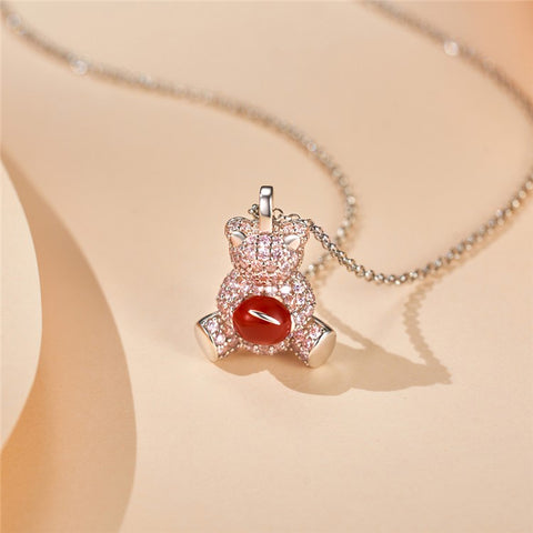 YISIXICI XL13140009 Zirconia Necklace Bear Hugging Red Love Seed Neck Jewelry Gift