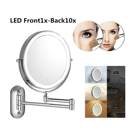LED Light Vanity Makeup Mirror 10X Magnification Double Sided Rotatable 8 inch Wall Mounted Round Mirror