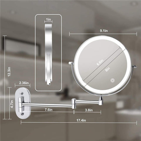 LED Light Vanity Makeup Mirror 10X Magnification Double Sided Rotatable 8 inch Wall Mounted Round Mirror