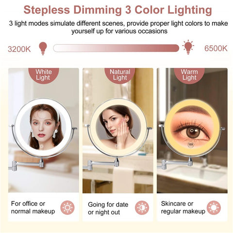 LED Light Vanity Makeup Mirror 10X Magnification Double Sided Rotatable 8 inch Wall Mounted Round Mirror