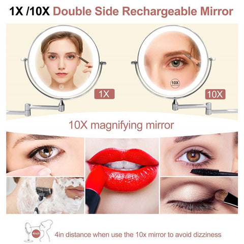 LED Light Vanity Makeup Mirror 10X Magnification Double Sided Rotatable 8 inch Wall Mounted Round Mirror