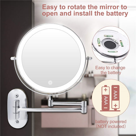 LED Light Vanity Makeup Mirror 10X Magnification Double Sided Rotatable 8 inch Wall Mounted Round Mirror