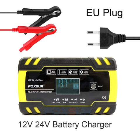 FOXSUR 24V 4A 12V 8A Full Automatic Car Battery Charger Fast Charging LCD Pulse Repair Charger