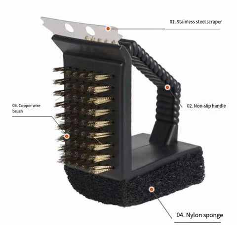 3-in-1 Barbecue Copper Wire Brush Stainless Steel Scraper BBQ Cleaning Tool