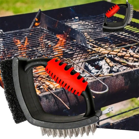 3-in-1 Barbecue Cleaning Brush Steel Wire / Copper Wire BBQ Brush Scouring Pad Scraper