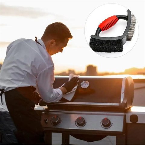 3-in-1 Barbecue Cleaning Brush Steel Wire / Copper Wire BBQ Brush Scouring Pad Scraper