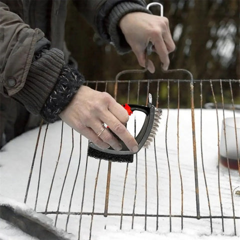 3-in-1 Barbecue Cleaning Brush Steel Wire / Copper Wire BBQ Brush Scouring Pad Scraper