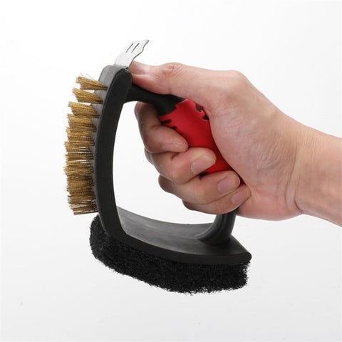 3-in-1 Barbecue Cleaning Brush Steel Wire / Copper Wire BBQ Brush Scouring Pad Scraper