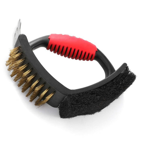 3-in-1 Barbecue Cleaning Brush Steel Wire / Copper Wire BBQ Brush Scouring Pad Scraper