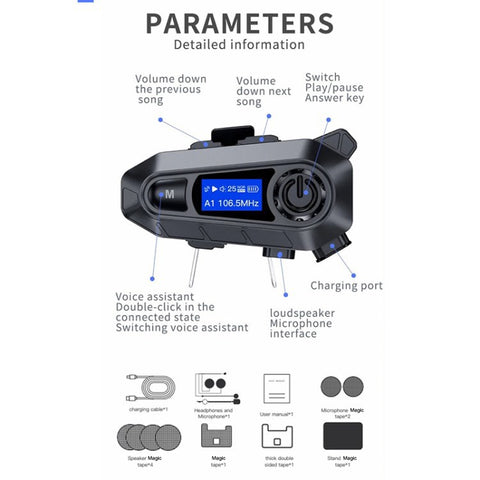 A1 Bluetooth-compatible 5.3 CVC Noise Reduction Motorcycle Helmet Headset FM Radio Music Player
