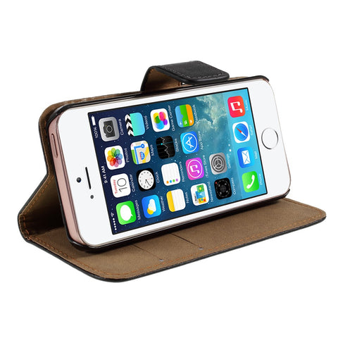 Genuine Split Leather Magnetic Credit Card Wallet Style Folio Stand Case for iPhone SE 5s 5