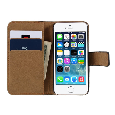 Genuine Split Leather Magnetic Credit Card Wallet Style Folio Stand Case for iPhone SE 5s 5