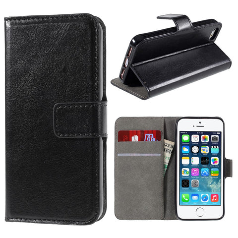 Black for iPhone SE 5s 5 Crazy Horse Wallet Leather Cover w/ Stand