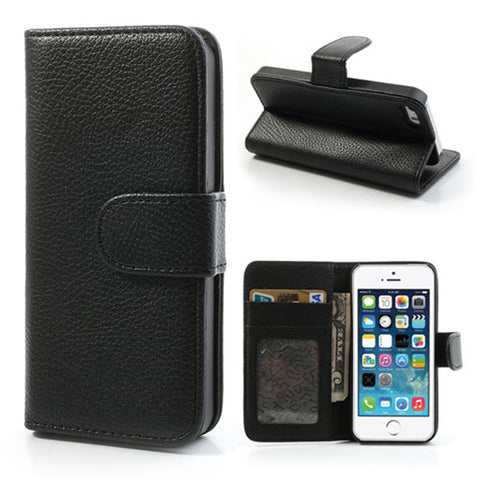Litchi Skin Leather Card Holder Case w/ Stand for iPhone SE 5s 5