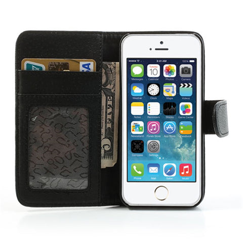 Litchi Skin Leather Card Holder Case w/ Stand for iPhone SE 5s 5