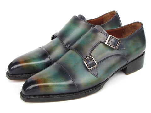 Paul Parkman Men's Cap Toe Double Monkstrap Shoes Green & Blue Patina (ID#2598-5BG)