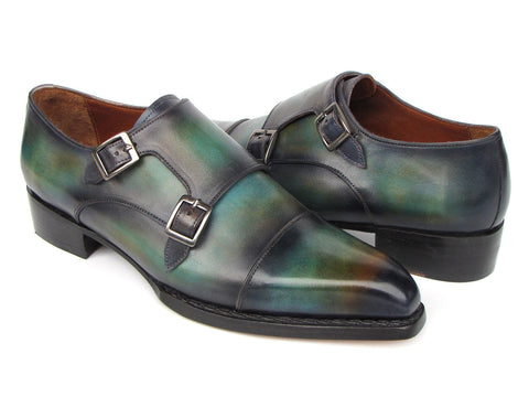 Paul Parkman Men's Cap Toe Double Monkstrap Shoes Green & Blue Patina (ID#2598-5BG)