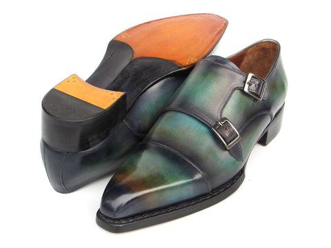 Paul Parkman Men's Cap Toe Double Monkstrap Shoes Green & Blue Patina (ID#2598-5BG)