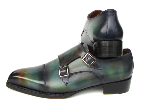 Paul Parkman Men's Cap Toe Double Monkstrap Shoes Green & Blue Patina (ID#2598-5BG)