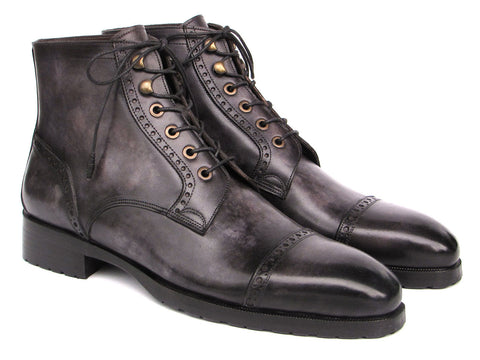 Paul Parkman Men's Gray & Black Hand-Painted Cap Toe Boots (ID#BT9566-GRY)