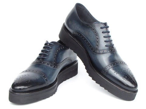 Paul Parkman Men's Smart Casual Cap Toe Oxford Shoes Navy Leather (ID#285-NVY-LTH)