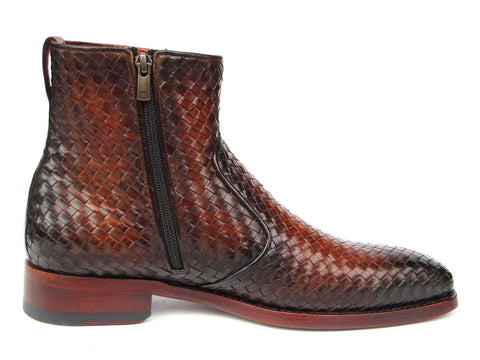 Paul Parkman Brown Burnished Woven Leather Zipper Boots (ID#BT269BRW)