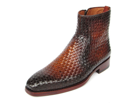 Paul Parkman Brown Burnished Woven Leather Zipper Boots (ID#BT269BRW)