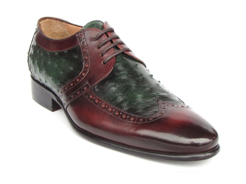 Paul Parkman Men's Green Ostrich & Brown Leather Derby Shoes (ID#956GB57)