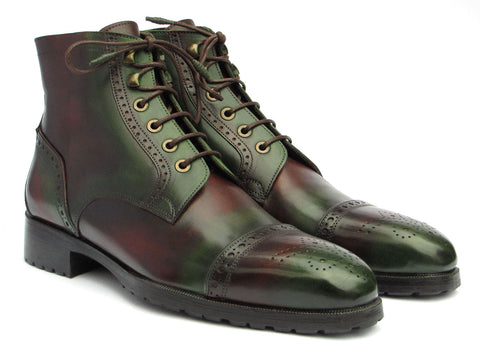 Paul Parkman Men's Green & Brown Hand-Painted Cap Toe Boots (ID#BT9566-BRG)