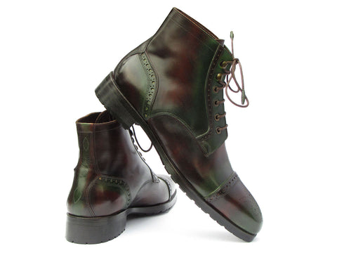 Paul Parkman Men's Green & Brown Hand-Painted Cap Toe Boots (ID#BT9566-BRG)