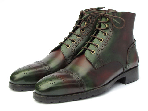 Paul Parkman Men's Green & Brown Hand-Painted Cap Toe Boots (ID#BT9566-BRG)