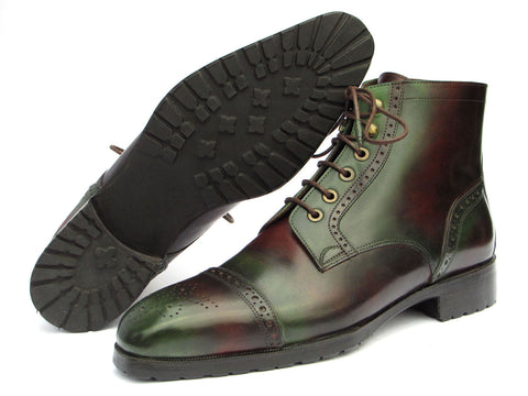 Paul Parkman Men's Green & Brown Hand-Painted Cap Toe Boots (ID#BT9566-BRG)