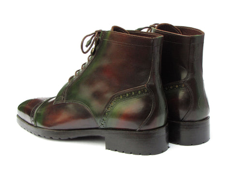 Paul Parkman Men's Green & Brown Hand-Painted Cap Toe Boots (ID#BT9566-BRG)