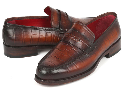 Paul Parkman Brown Crocodile Embossed Calfskin Penny Loafers (ID#3857-BRW)