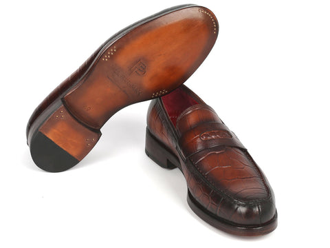 Paul Parkman Brown Crocodile Embossed Calfskin Penny Loafers (ID#3857-BRW)