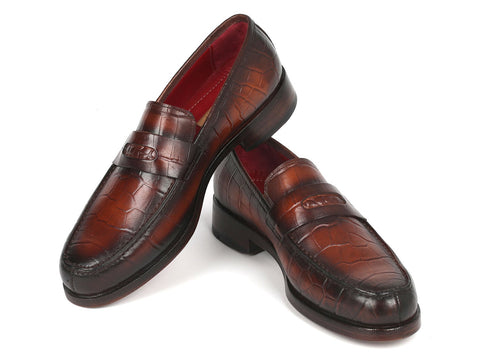 Paul Parkman Brown Crocodile Embossed Calfskin Penny Loafers (ID#3857-BRW)