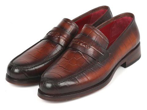 Paul Parkman Brown Crocodile Embossed Calfskin Penny Loafers (ID#3857-BRW)