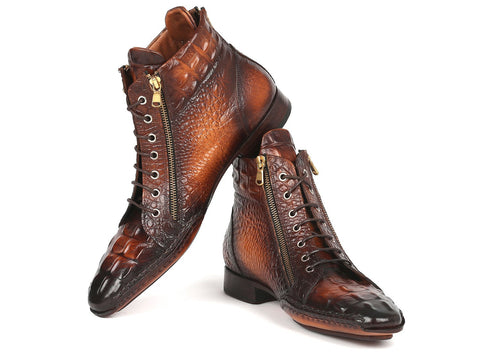 Paul Parkman Crocodile Textured Calfskin Handmade Zipper Boots (ID#88APK87)