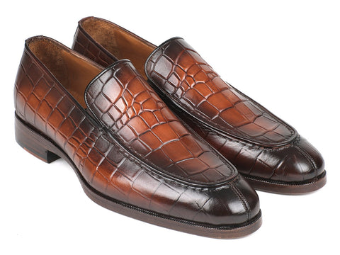 Paul Parkman Brown Burnished Crocodile Embossed Calfskin Loafer (ID#7339-BRW)