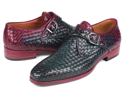 Paul Parkman Purple & Green Woven Leather Single Monkstraps (ID#011WN28)