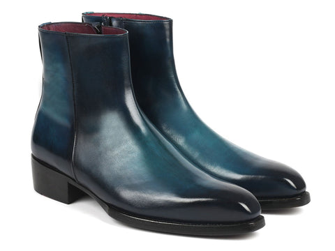 Paul Parkman Blue Burnished Side Zipper Boots Goodyear Welted (ID#BT3955-BLU)