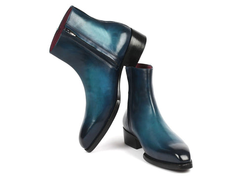 Paul Parkman Blue Burnished Side Zipper Boots Goodyear Welted (ID#BT3955-BLU)