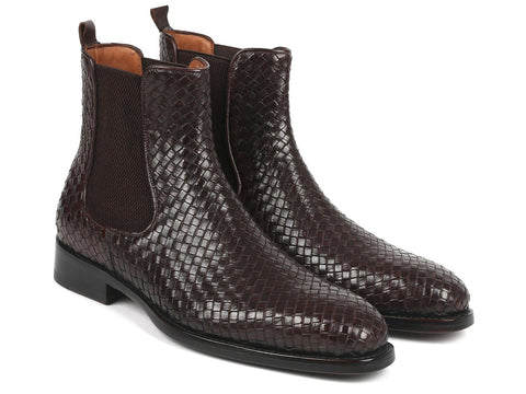 Paul Parkman Chocolate Brown Woven Leather Chelsea Boots (ID#92WN87-BRW)