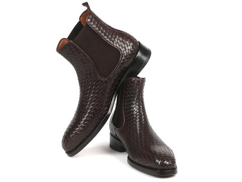 Paul Parkman Chocolate Brown Woven Leather Chelsea Boots (ID#92WN87-BRW)