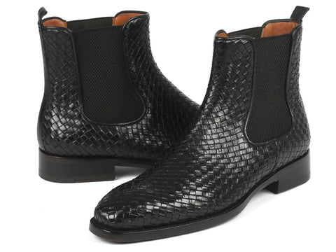 Paul Parkman Black Woven Leather Chelsea Boots (ID#92WN87-BLK)